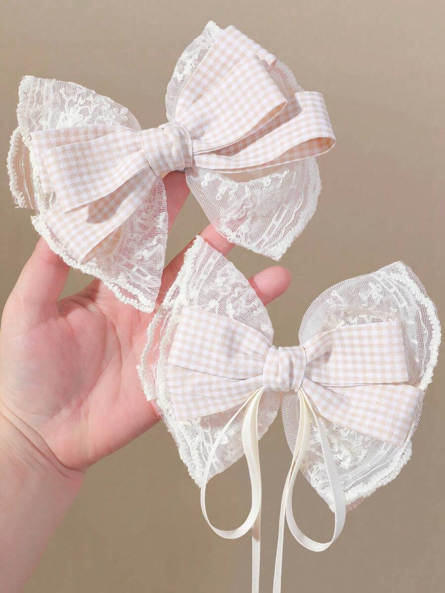 2pcs Girls Beige Fabric Double Layer Lace Plaid Bow Ribbon Hair Clips Hair Accessories Head Clips Back Of Head Clips Side Clips Alligator Hair Clips For Daily Use - Apricot - View 1