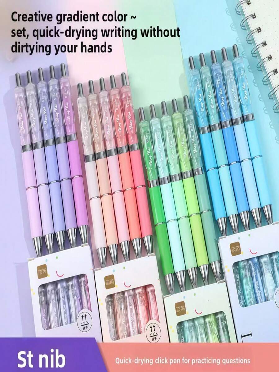 5pcs Gradient Color Neutral Pen Set, Includes 5 Pens + 10 Refills, 0.5mm Steel Tip Quick-Dry Retractable Pens, Suitable For School And Office Cute Aesthetic Writing - Multicolor - View 1