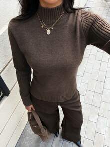 Averia Women's Minimalist Chic Brown Turtleneck Ribbed Slim-Fit Long Sleeve Basic Sweater, Elegant Minimalist Business Daily Outing Top, Fall Winter - Brown - View 2
