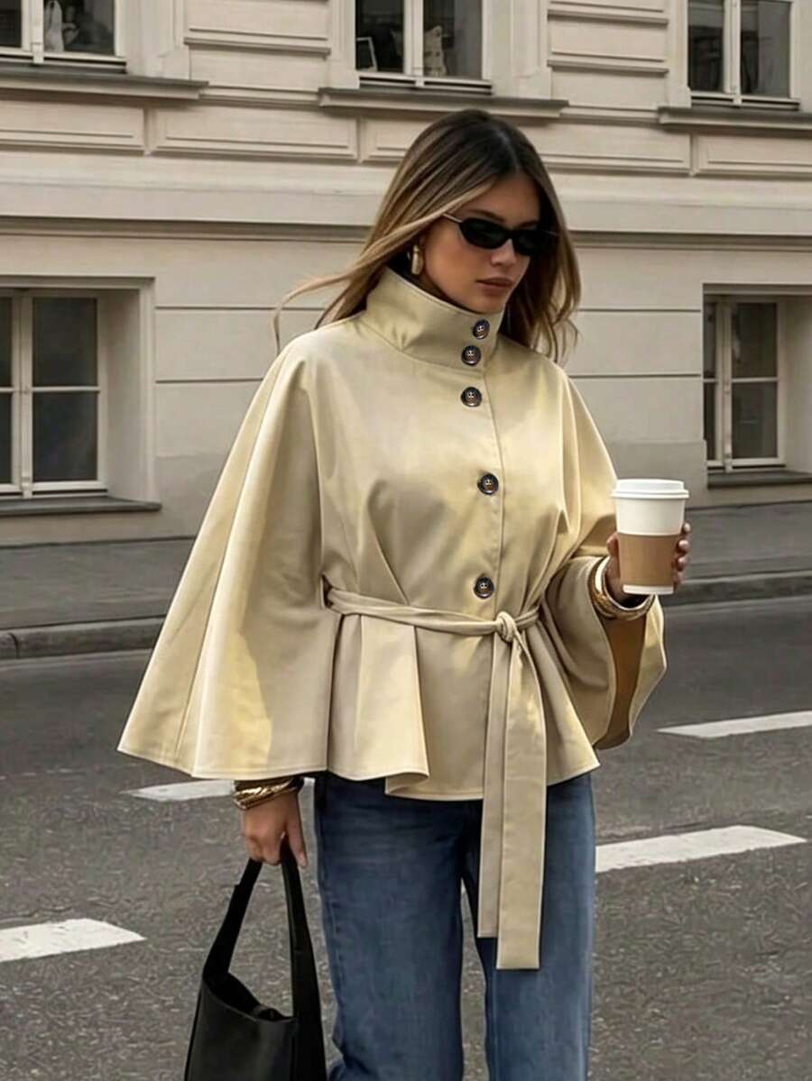 French Style High Neck Single-Breasted Cinched Waist Loose Cape Coat, Women's Casual Daily Commute - Khaki - View 1