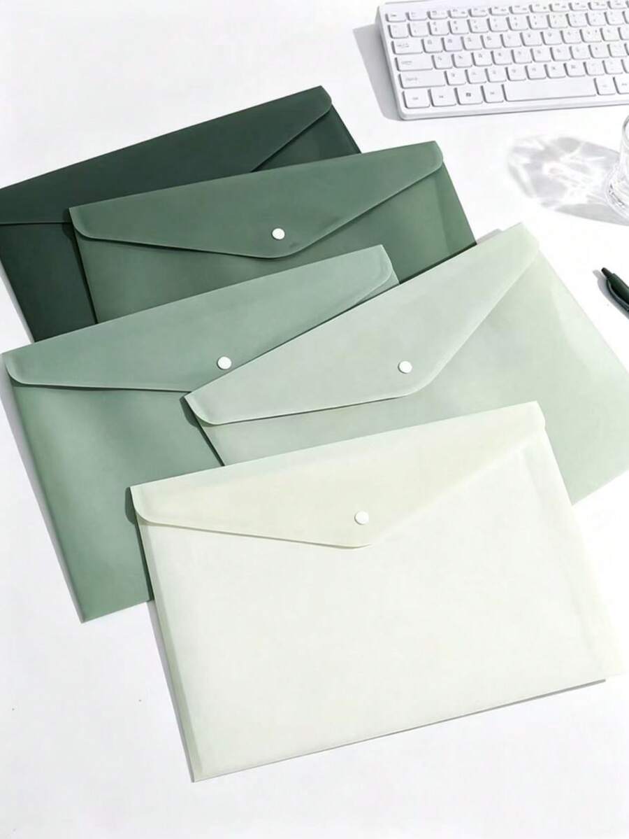 5pcs Gradient Green Thick A4 Size Transparent Plastic Snap Button Folders, Large Capacity, Suitable For Contracts, Office Supplies, Student Papers, Stationery And Document Management, Random Style, Back To School Supplies, School Essentials - Sets - View 1