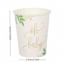16pcs Botanical Cups, Botanical Paper Cups With Golden Foil, White And Green Shower Tableware, Gender Neutral Shower, Natural Shower - Oh Baby - View 2