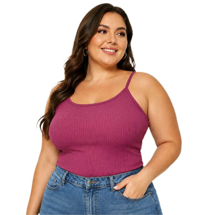 Basic Ribbed Spaghetti Strap Tank Top Plus Size - Wine Red - View 1