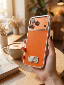 Custom Name Laser Engraved Metal Nameplate Phone Case, Compatible With IPhone 15 16 17 18 Pro Max, Silver Electroplated Frame, Large Camera Opening, Artificial Leather Litchi Texture, Full Coverage Protective Phone Case, Luxury Personalized Gift, Suitable For Women And Girls, Daily Commute, Office, Date, Party, Birthday Surprise Gift - Orange - View 3