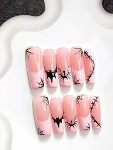 10pcs Halloween Theme Minimalist Handmade Press-On Nails, Polygel Nail Art Set, Pumpkin & Spider Web Pattern, Pink & Black Color, Sweet Style, Includes Nail Tools, 3 Sizes Available, Almond/Duck/Coffin Shape, Suitable For Party, Dancing, Daily Wear - Multicolor - View 17