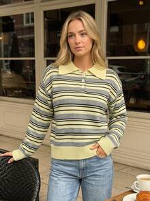 Sweater Rajut Wanita Musim Gugur Warna Kuning Abu-abu Bergaris Kerah Polo, Kancing Setengah, Bahu Jatuh Longgar, Model Crop, Atasan untuk Kembali ke Sekolah, Festival, dan Sehari-hari - Kuning - View 7