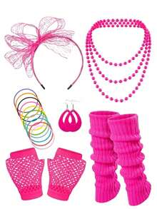 6/9pcs 80s Style Women's Costume Accessories Set, Including Tutu, Neon Party Leg Warmers, Neon Necklace, Earrings, Headband, Fishnet Gloves, Upgraded Tutu, Suitable For Adult Sizes - Multicolor - View 5