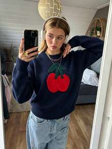 Sweater Wanita Warna Biru Tua dengan Bordir Tali 3D Motif Ceri, Lengan Panjang Longgar, Cocok untuk Kembali ke Sekolah, Musim Gugur/Dingin, Atasan Rajut - Navy Blue - View 6