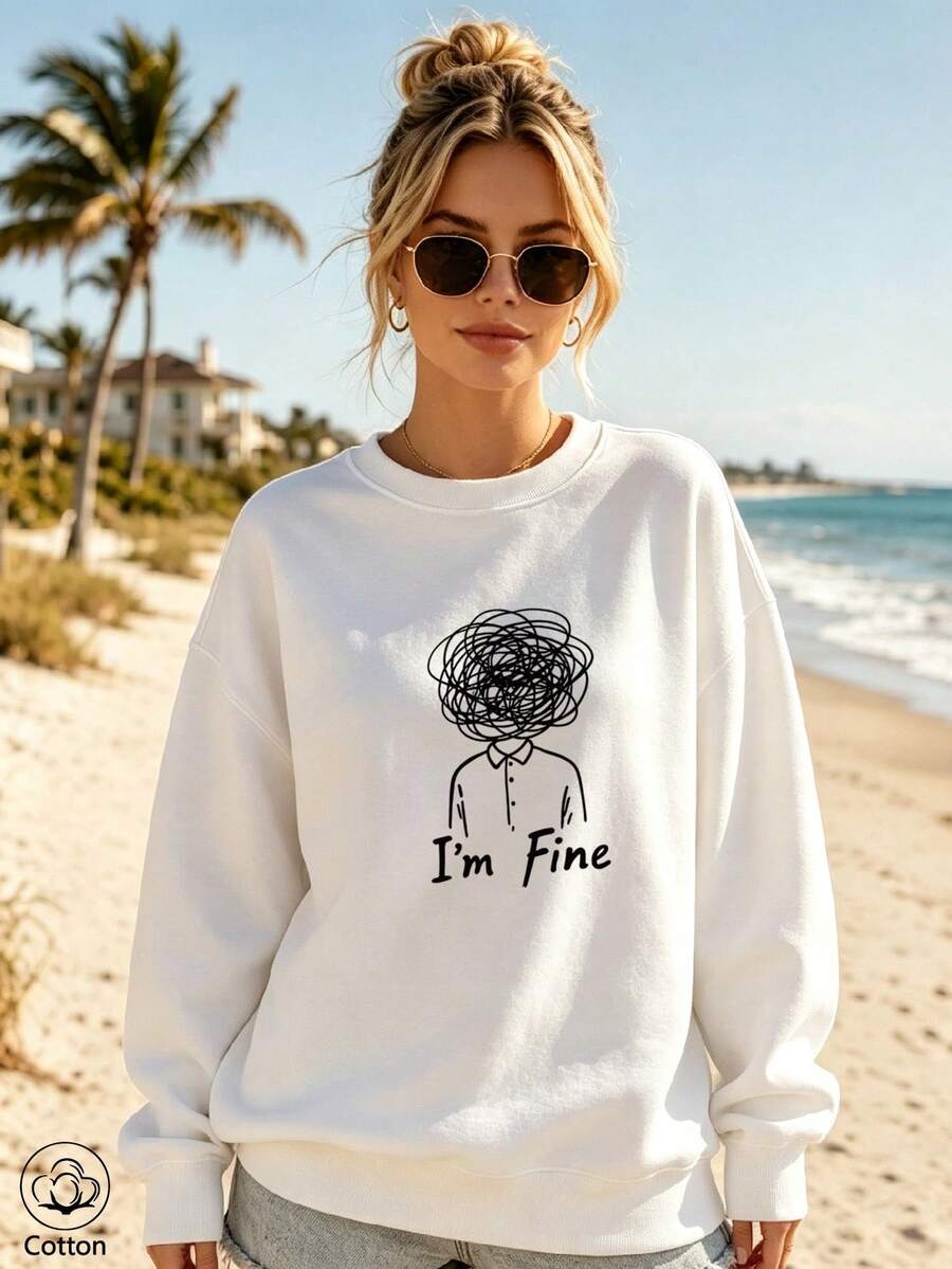 Women's Crew Neck Sweatshirt, Travel Pullover, Cotton Top, Women's Autumn/Winter Basic Sweatshirt - White - View 1