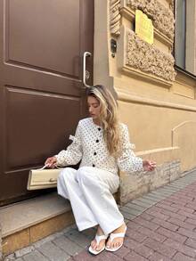 Elegant Commuter Polka Dot Print Front Button Blouse - White - View 5