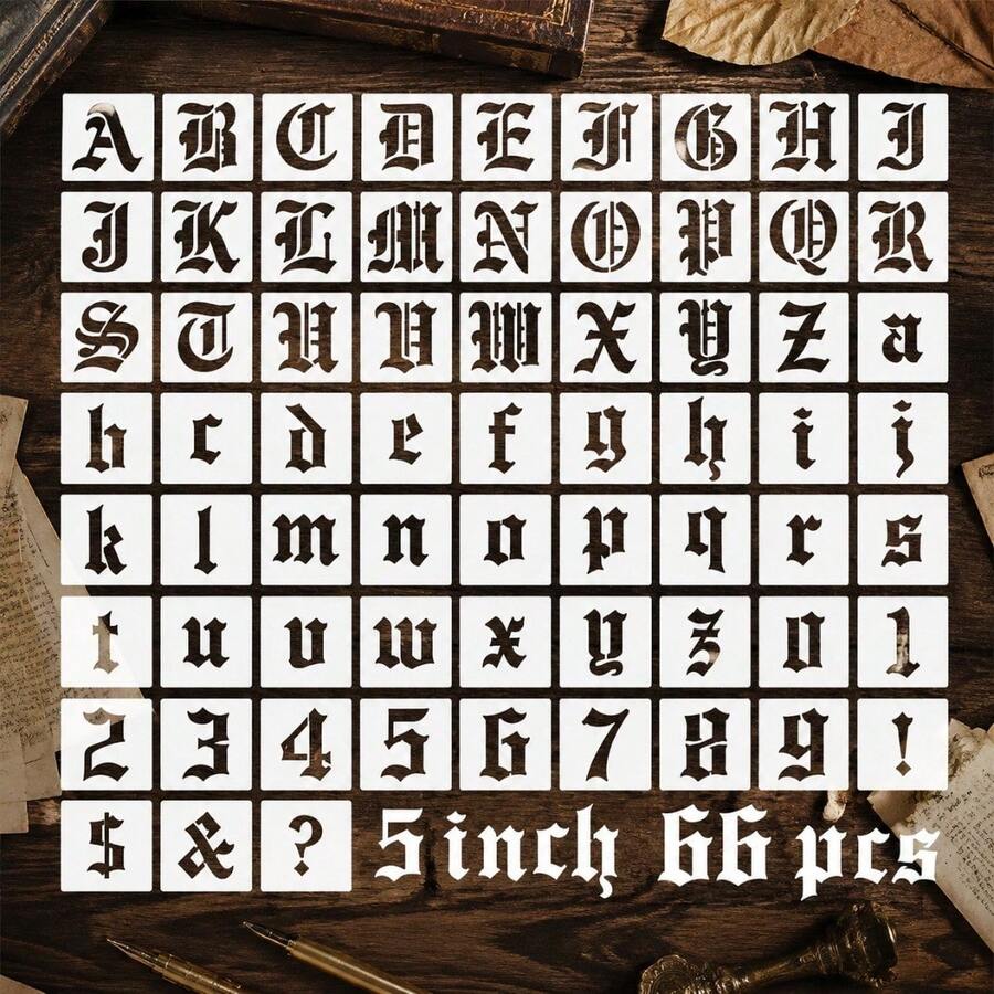 66件組 5英吋古英文書法字母、數字、符號繪圖模板,可重複使用 PET 塑料模板,適用於木製標牌、牆面、布料、畫布 DIY 手作 - 套裝 - 查看 1