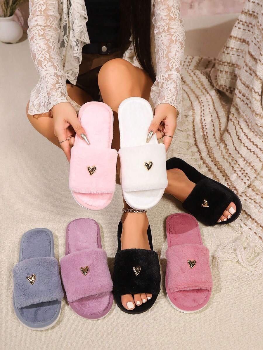 女款時尚愛心裝飾毛絨室內拖鞋 柔軟舒適 軟底輕量