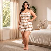 Women's Plus Size Suede Camisole Romper Pajamas Printed Comfort And Style For Your Nights - 摩卡棕 - 查看 1