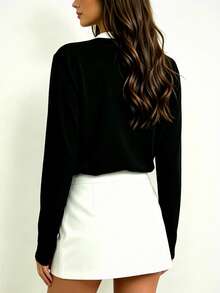 Women's Contrast Color Half-Zip Long Sleeve Top, Simple Round Neck Slim Fit Flattering Black Base Layer, Commuter All-Match Versatile T-Shirt - Black - View 7