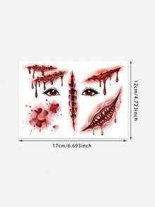 1 Folha de Tatuagens Temporárias de Rosto de Terror de Halloween, Adesivos de Cicatriz Falsa com Ferida Costurada Sangrenta, Tatuagens Realistas de Boca de Demônio com Dentes Afiados e Sangue Escorrendo para Cosplay, Festa à Fantasia, Maquiagem de Rosto e Corpo, Decorações de Rave - Multicolorido - Visão 6
