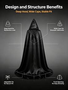 1 buah Jubah Berkerudung Halloween, Kostum Cosplay Satu Lapisan untuk Pertunjukan Panggung, Pesta Topeng & Pesta, 5 Ukuran (120/140/150/160/180), Hadiah Sempurna - Hitam - View 6