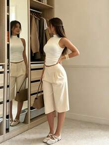 Solid Color Suit Fabric Pleated Decor Casual Mid-Length Pants - Apricot - View 3