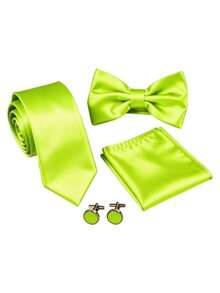 4pcs Men's Business Fashion Versatile Solid Color Polyester Tie & Bow Tie & Pocket Square & Cufflinks Set Suitable For Wedding, Celebration And Daily Wear - Fluorescent Green - View 2