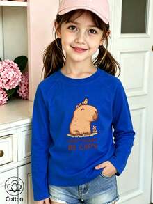 Girls Cotton Raglan Long Sleeve T-Shirt For Fall Winter, Cartoon Capybara Print Orange Tee, Cute Sweet Preppy Style For Girls - Colorful Orchid - View 4