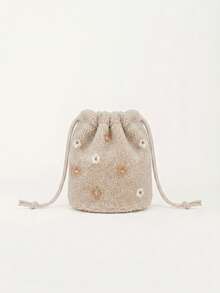 1pc Faux Lamb Fur Drawstring Bucket Bag With Flower Plush Design, Handheld Storage Pouch - Plush - View 2