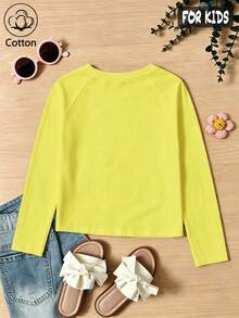 Girls Cotton Raglan Long Sleeve Tee For Fall Winter, Cartoon Duck Print With Stars, Cute Sweet Preppy Style - Bright Yellow - View 11