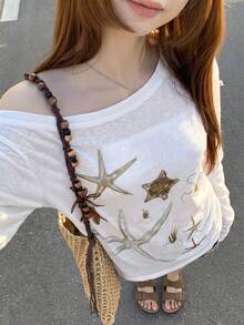 American Beach Vacation Aurora Island Style Starfish Print Lightweight Semi-Sheer Sun Protection Cover-Up Loose Long Sleeve T-Shirt - White - View 5