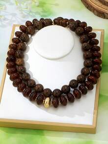 OABE 2pcs/Set Bohemian Style Brown Beaded Layered Necklace Including 1pc Round Bead Necklace And 1pc Oval Bead Necklace Suitable For Daily Wear - Coffee Brown - View 3