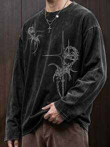 [Minimalist] Áo thun tay dài họa tiết Gothic nam - Áo cổ tròn thoải mái, phù hợp cho mọi mùa, mặc thường ngày, phong cách đường phố thời trang - màu đen - Xem 1