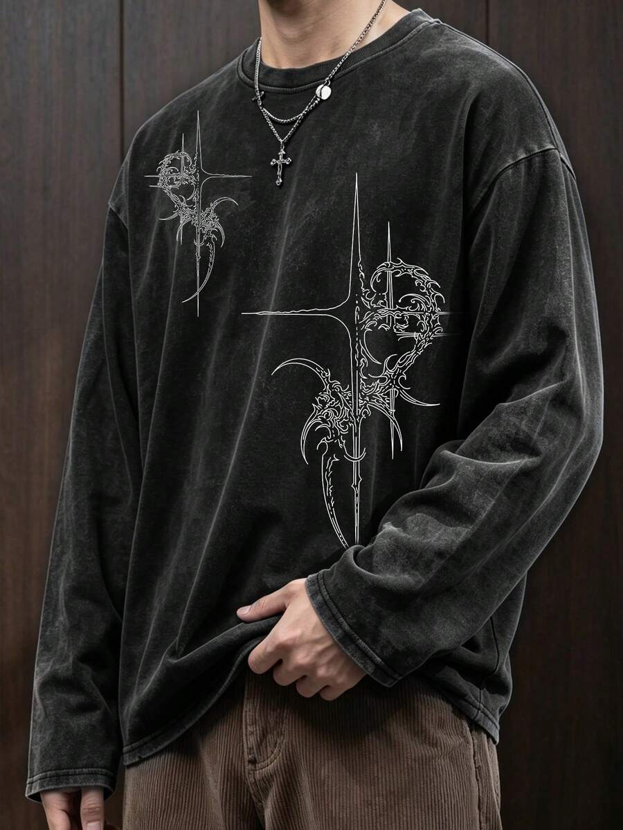 [Minimalist] Áo thun tay dài họa tiết Gothic nam - Áo cổ tròn thoải mái, phù hợp cho mọi mùa, mặc thường ngày, phong cách đường phố thời trang - màu đen - Xem 1