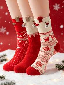 1/3/6Pairs Mixed Color Pack Autumn Winter Christmas Socks Santa Claus Gift Snowflake Reindeer Cute Cartoon Mid-Calf Socks Holiday Limited Edition Warm Breathable - Multicolor - View 1