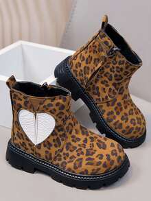Leopard Print Heart Patchwork Children's Short Boots, Girls' Autumn/Winter New Style Thermal Lined Warm Boots With Side Zipper And Anti-Slip Sole - Brown - View 4