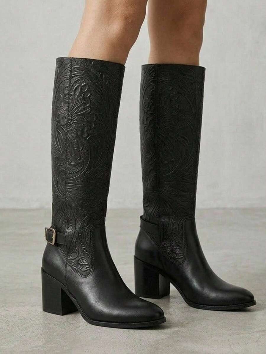 Women Knee-High Boots - Negro Gravado - View 1