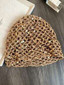 1pc Bohemian Style Sequin Crochet Knit Hat, Vintage Hollow Pendant Headscarf, Multi-Functional Hair Accessory For Vacation/Party/Daily Wear - Multicolor - View 8