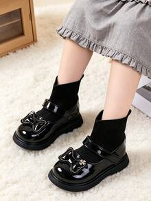1 Pair Children's Mary Jane Patchwork Sock Boots, Cute Bow Decor Elastic Knitted Ankle Boots, Suitable For School And Outdoor Play, Suitable For Autumn/Winter - Black - View 3