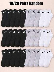 10/20 Pairs Random Style Mid-Calf Socks, Basic Color Triangle Print Boys Socks, Soft Student Socks, Perfect Daily Gift And Back To School Accessory - Multicolor - View 1