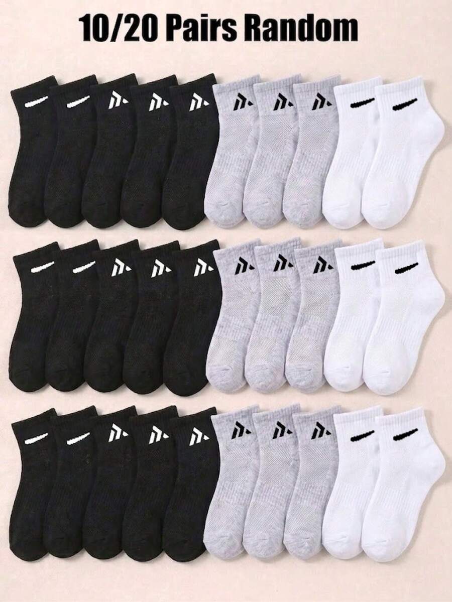 10/20 Pairs Random Style Mid-Calf Socks, Basic Color Triangle Print Boys Socks, Soft Student Socks, Perfect Daily Gift And Back To School Accessory - Multicolor - View 1