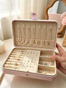 1pc Large Capacity Jewelry Storage Box, PU Travel Jewelry Organizer, Cosmetic Storage Box, Pink Travel Accessory, Jewelry Storage Container, Travel Essential, Suitable For Storing Earrings, Necklaces, Rings, Etc., Holiday Gift, Women's Gift. - Multicolor - View 7