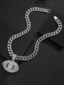 1pc Evil Eye Shaped Pendant And Rhinestone Cuban Chain Men's Fashion Popular Hip Hop Pendant Necklace - Silver - View 5