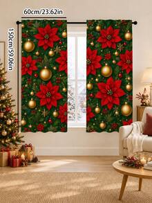 2pcs Christmas Holiday Theme Decorative Curtains, Christmas Poinsettia, Gold Christmas Ball Pattern, Suitable For Home Decor, Window Decoration, Christmas Holiday Home Atmosphere Decoration - Multicolor - View 11