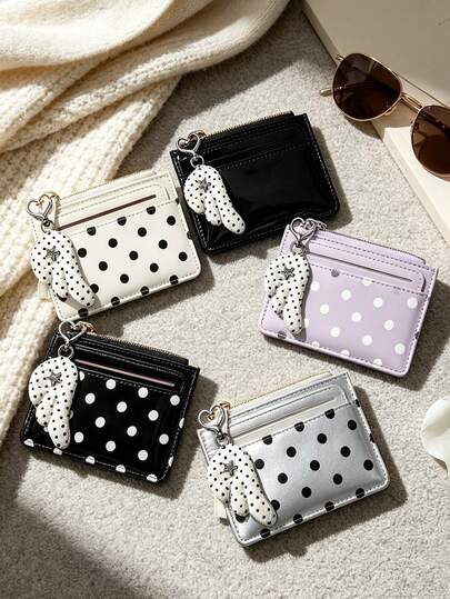 Cute Polka Dot Card Holder Coin Purse, Matching Polka Dot Wing Charm, Multi-Slot Mini Short Wallet, Portable Zipper Card Sleeve, Small Bank Card Organizer, Lightweight ID Holder, Fashionable Women's & Girls' Short Wallet, Multi-Function Pocket Coin Purse, Daily Casual Storage Bag; Suitable For School, Travel, Shopping, Party Scenes, Ideal Birthday, Holiday, Back-To-School Gift For Girls And Adult Women
