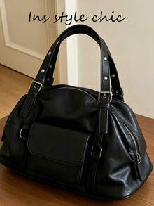 American Vintage Distressed Soft Leather Pillow Bag, Metal Buckle Adjustable Shoulder Strap, Front Pocket Design, Hot Girl Commuter Handheld Shoulder Boston Women's Bag - Black - View 5