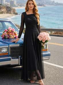 Elegant Black Asymmetric Neck Sheer Mesh Long Sleeve Maxi Dress, Ruched Waist Flowy Formal Gown For Fall Wedding Guest, Thanksgiving, Halloweenr Party - Black - View 6