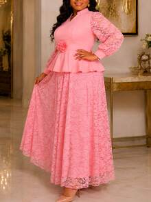Elegant Plus Size Pink 2 Pieces Set, Ruffle Top, V-Neck Long Sleeve, Floral Waist Belt, Lace A-Line Long Skirt, Church Wedding Guest Autumn Outfit - Pink - View 8
