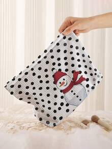 1pc Polka Dot Snowman Print Corduroy Makeup Bag, Zipper Closure, Christmas‑Themed Toiletry Organizer Bag For Daily Use, Travel And Holiday Gifting - Multicolor - View 3