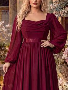 Women's Elegant Heart-Neckline Formal Evening Gown, Sexy Lantern Sleeves With High Slit Fall - Burgundy - View 2