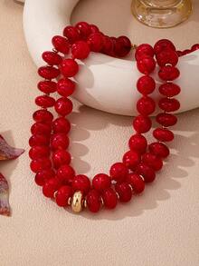 OABE 2pcs/Set Bohemian Style Elegant Red Round And Oval Beaded Layered Necklace, Suitable For Women's Daily Wear - Redwood - View 3