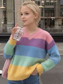 Teen Girls Macaron Rainbow Ribbed V-Neck Sweater, Loose Drop Shoulder Ribbed Knit Pullover, Autumn/Winter - Pink - View 5