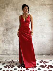 1pc Solid Color Elegant Knitted Fabric Sleeveless Dress Beach Wedding Summer - Red - View 1
