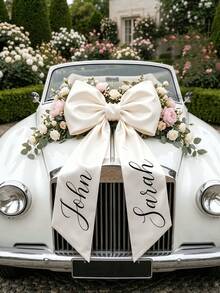 客製化新婚婚車蝴蝶結，可客製姓名大尺寸緞面蝴蝶結，新娘婚車裝飾，浪漫婚禮拍照道具，裝飾用，可重複使用，居家裝飾 - 彩色 - 查看 4