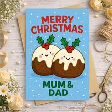 1 Greeting Card + 1 Envelope Adorable Christmas Greeting Card, Cute Pudding Couple Design Merry Christmas, Perfect For Parents, Festive Holiday Cartoon Style Card. - Multicolor - View 3